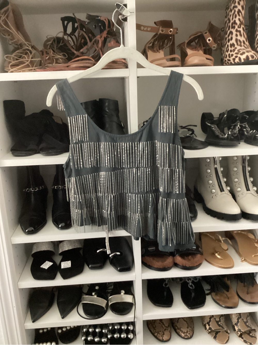 Blackheart Silver-Embellished Gray Chain Fringe Crop Tank